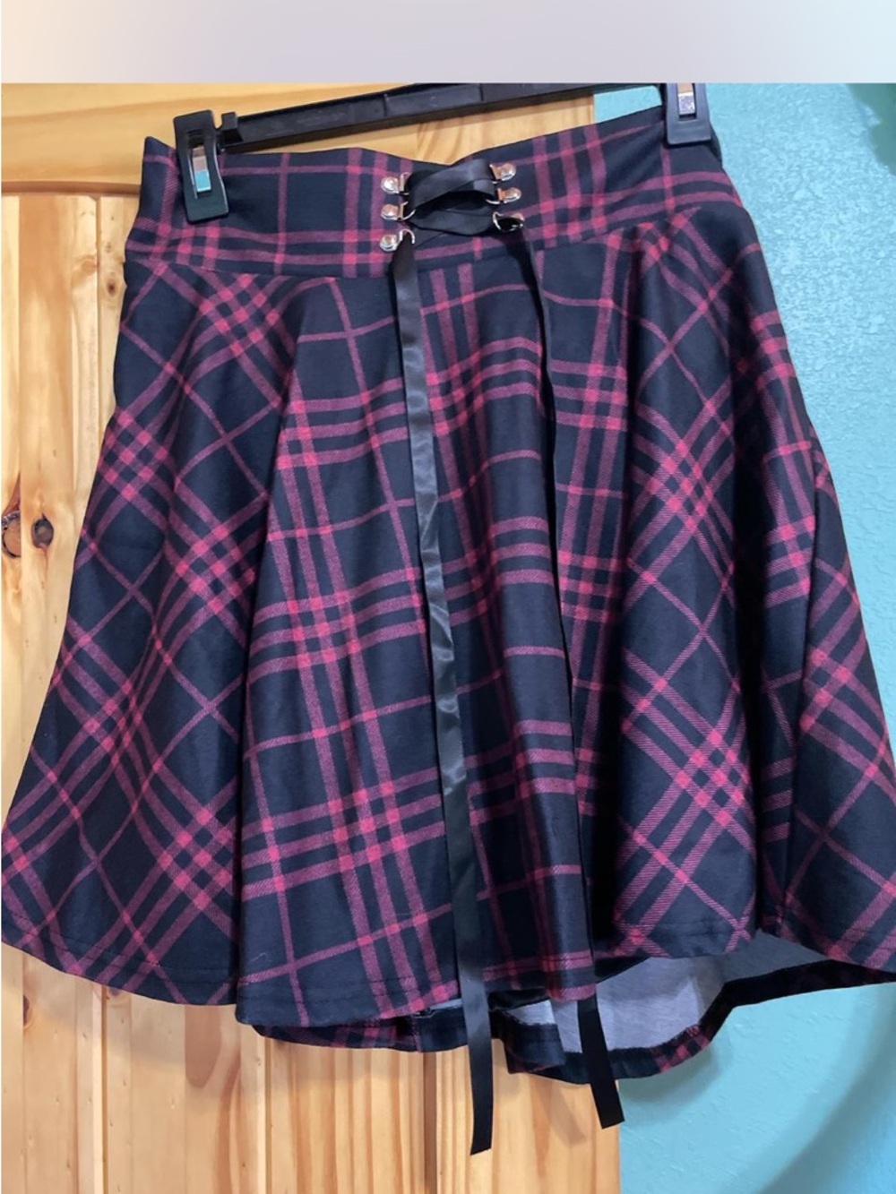 Black and Wine Plaid A-Line Skirt with Corset Ribbon Waist